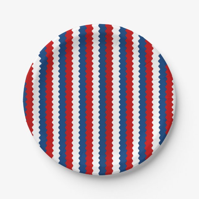 Red, White and Blue Wavy Stripe Paper Plate (Front)