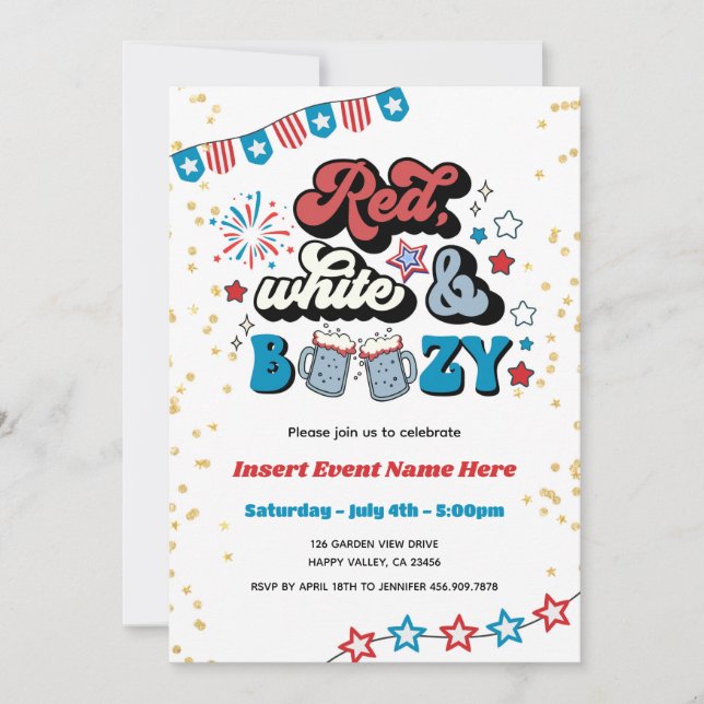 Red White and Boozy 4th of July Party Adult Invitation (Front)