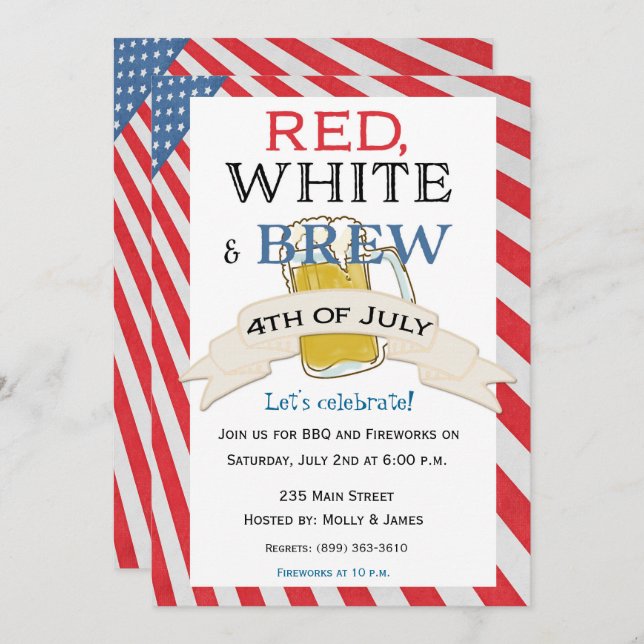 Red White and Brew Fourth of July Invitation (Front/Back)