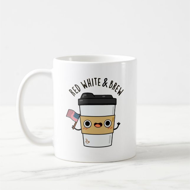 Red White And Brew Funny American Flag Coffee Pun Mug (Left)