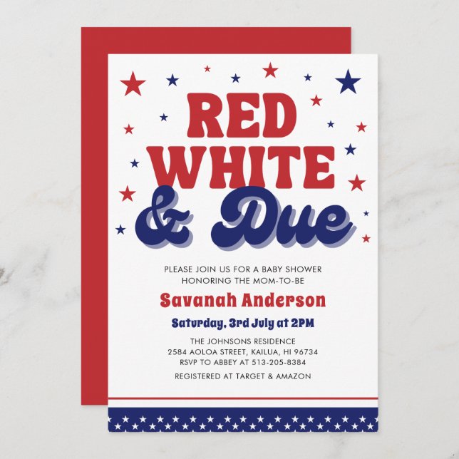 Red, White and Due 4th July Patriotic Baby Shower  Invitation (Front/Back)
