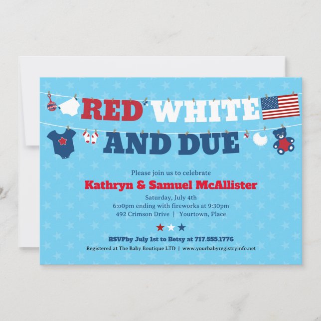 Red White and Due Baby Shower Clothesline July 4th Invitation (Front)