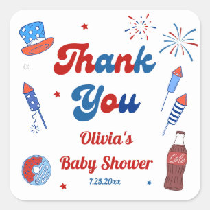 Red, White and Due Baby Shower Thank You Square Sticker