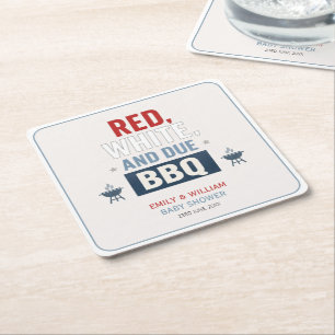 Red White and Due BBQ Baby Shower  Square Paper Coaster