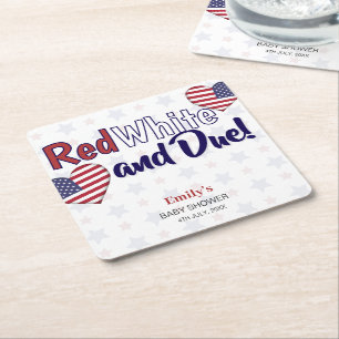 Red White and Due July 4th Patriotic Baby Shower  Square Paper Coaster