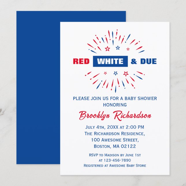 Red White And Due Patriotic 4th July Baby Shower Invitation (Front/Back)