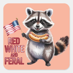 Red White And Feral And Free Raccoon Square Sticker