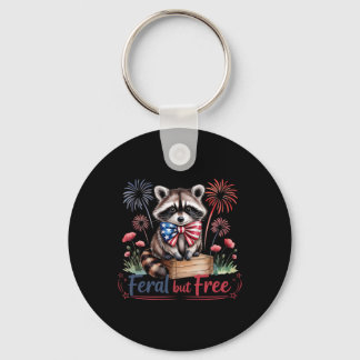 Red White And Feral But Free Raccoon Patriotic 4th Keychain