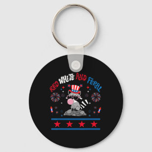 Red White And Feral Funny Raccoon 4th Of July Patr Keychain