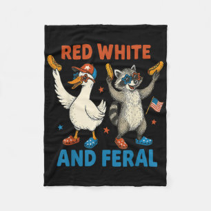 Red White And Feral Funny Raccoon & Silly Goos Fleece Blanket