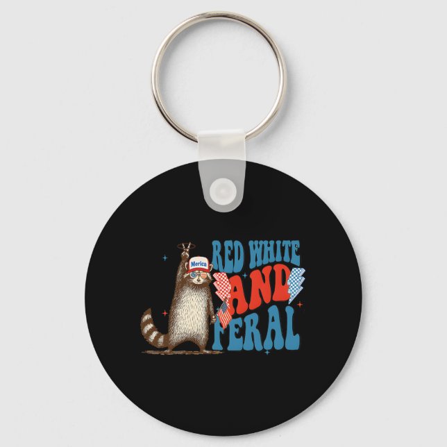 Red White And Feral Funny Trump Raccoon 4th Of Jul Keychain (Front)