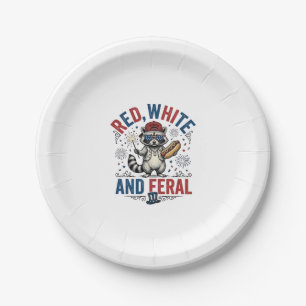 Red White and Feral Patriotic Raccoon Shirt_1 Paper Plate