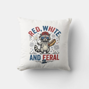 Red White and Feral Patriotic Raccoon Shirt_1 Throw Pillow