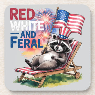 Red White And Feral Raccoon Coaster