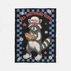 Red White And Feral Raccoon Funny Usa 4th Of July Fleece Blanket