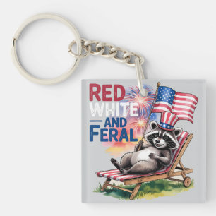 Red White And Feral Raccoon Keychain