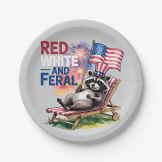Red White And Feral Raccoon Paper Plate