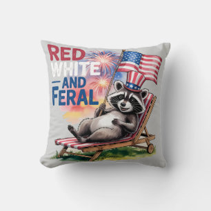 Red White And Feral Raccoon Throw Pillow