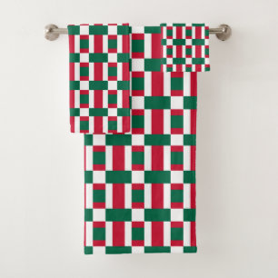Red White And Green Colour Block Print Bath Towel Set