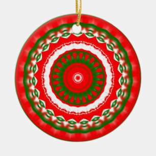 Red, White and Green Mandala Ceramic Ornament
