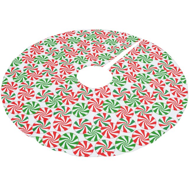 Red White and Green Peppermint Candy Swirl Brushed Polyester Tree Skirt (Angled)