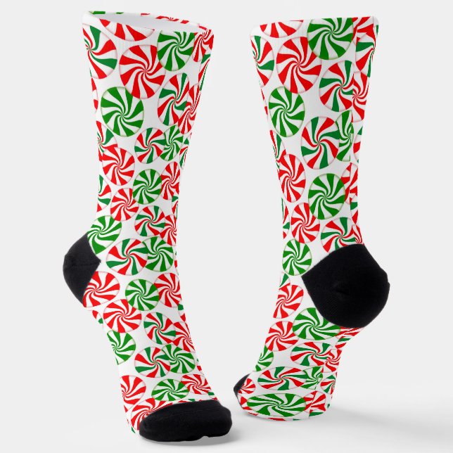 Red White and Green Peppermint Candy Swirl Socks (Angled)