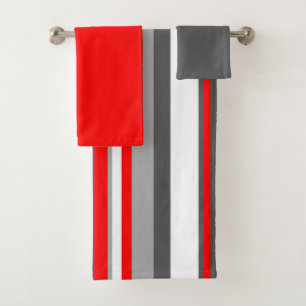 Red white and grey Stripes Bath Towel Set