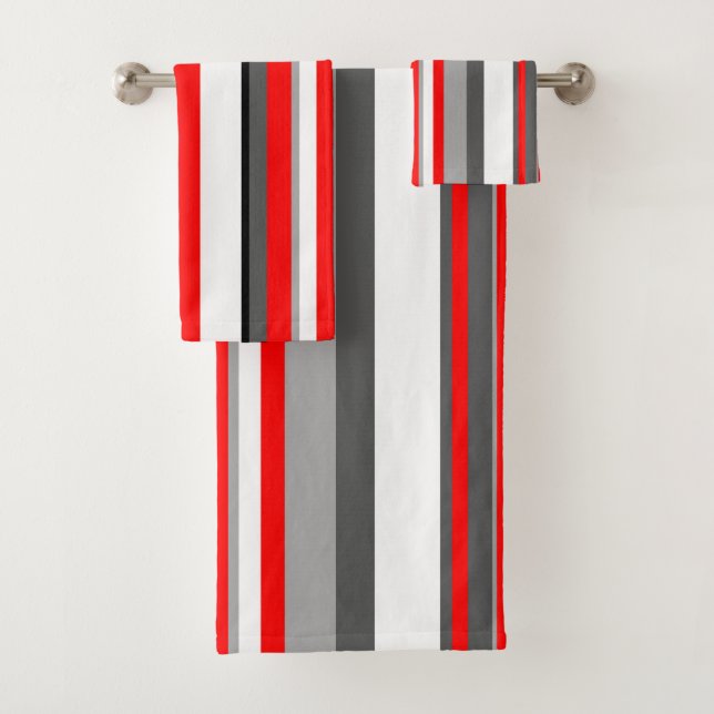 Red white and grey Stripes Bath Towel Set (Insitu)
