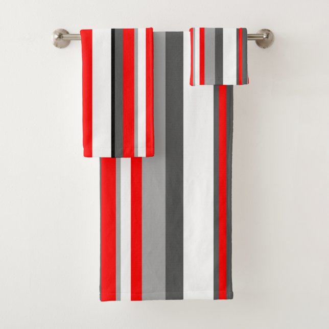 Red white and grey Stripes Bath Towel Set (Insitu)