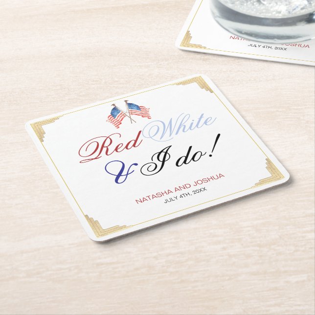 Red White and I Do 4th July Patriotic Wedding  Square Paper Coaster (Angled)