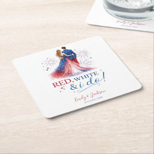 Red White and I do Americana Wedding Square Paper Coaster