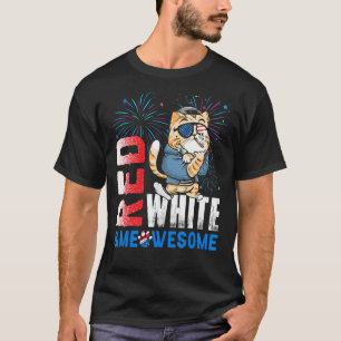 Red White And Meowsome Fireworks Cool Cat 4th Of J T-Shirt