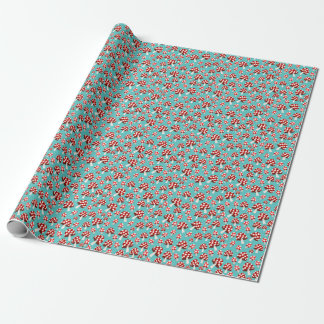 Red, white and mint falling mushrooms wrapping paper