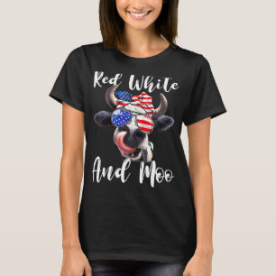 Red White And Moo Cow Messy Bun Usa Flag 4th Of Ju T-Shirt