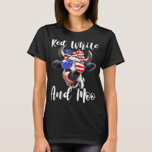 Red White And Moo Cow Messy Bun Usa Flag 4th Of Ju T-Shirt
