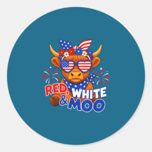 Red white and moo funny patriotic highland cow usa classic round sticker