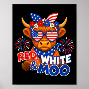 Red White And Moo Funny Patriotic Highland Cow Usa Poster