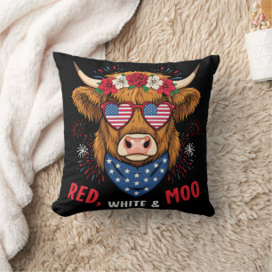 Red White and Moo Highland Cow 4th July 250 Years  Throw Pillow
