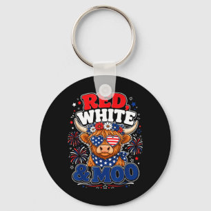 Red White And Moo Patriotic Highland Cow July 4th Keychain