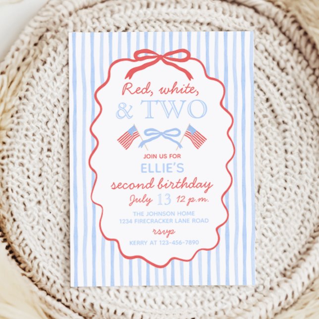Red White and Two 4th of July 2nd Birthday Invitation (Baby blue stripes with wavy red bow frame. Preppy bow with flags. Red, white, and two.)