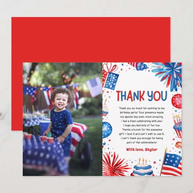 Red White and Two 4th Of July Birthday Thank you Invitation (Front/Back)