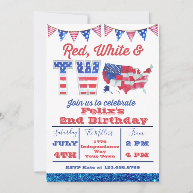 Red White And Two American 4th of July Birthday Invitation (Front)