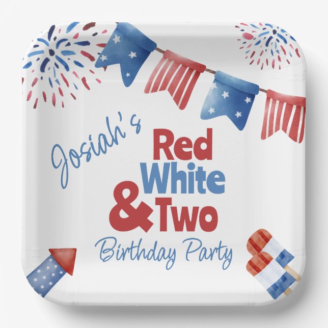Red White and Two Birthday Party Paper Plate (Front)