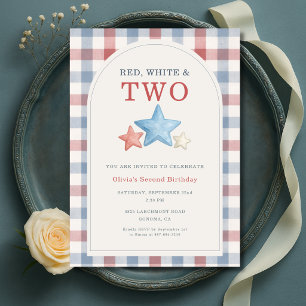 Red White and Two Gingham 2nd Birthday Invitation