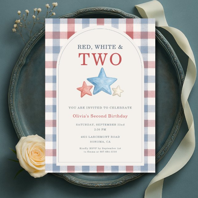 Red White and Two Gingham 2nd Birthday Invitation (Creator Uploaded)