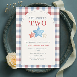 Red White and Two July 4th Gingham Birthday Invitation