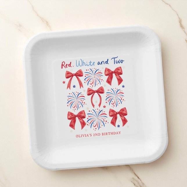 Red White and Two July Girl 2nd Birthday Party Paper Plate (Creator Uploaded)