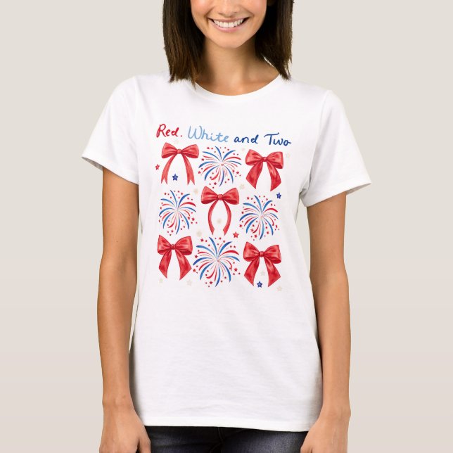 Red White and Two July Girl 2nd Birthday Party T-Shirt (Front)