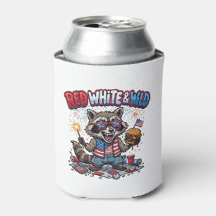 Red White and Wild Raccoon 4th of July Can Cooler