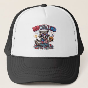  Red White and Wild Raccoon 4th of July Trucker Hat